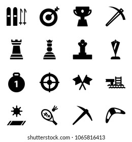 Solid vector icon set - ski vector, target, cup, job, chess tower, queen, winner, pennant, gold medal, flags cross, pool, mat, badminton, axe, boomerang