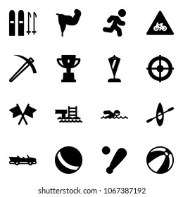 Solid vector icon set - ski vector, power hand, run, road for moto sign, job, win cup, pennant, target, flags cross, pool, swimming, kayak, cabrio, ball, baseball bat, beach