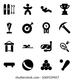 Solid vector icon set - ski vector, gymnastics, abdominal muscles, win cup, pennant, target, gold medal, rock axe, swimming, diving, badminton, skateboard, ball, billiards balls, baseball bat