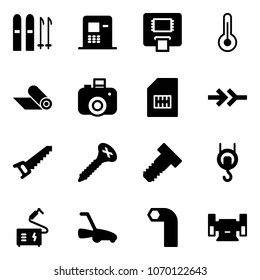 Solid vector icon set - ski vector, atm, thermometer, mat, camera, sim, connect, saw, screw, bolt, winch, welding, lawn mower, allen key, sharpening
