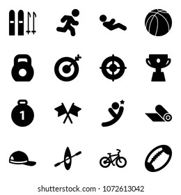 Solid vector icon set - ski vector, run, abdominal muscles, basketball ball, weight, target, cup, gold medal, flags cross, flying man, mat, cap, kayak, bike, football