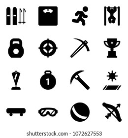 Solid vector icon set - ski vector, floor scales, run, pull ups, weight, target, job, win cup, pennant, gold medal, rock axe, mat, skateboard, protective glasses, ball, bow