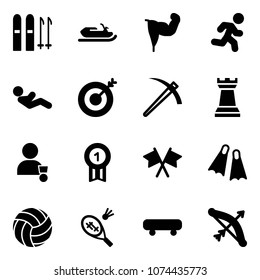 Solid vector icon set - ski vector, snowmobile, power hand, run, abdominal muscles, target, job, chess tower, winner, gold medal, flags cross, flippers, volleyball, badminton, skateboard, bow