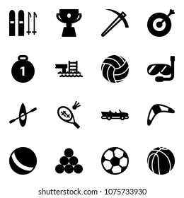 Solid vector icon set - ski vector, cup, job, target, gold medal, pool, volleyball, diving, kayak, badminton, cabrio, boomerang, ball, billiards balls, soccer, basketball