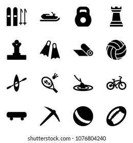 Solid vector icon set - ski vector, snowmobile, weight, chess tower, winner, flippers, mat, volleyball, kayak, badminton, fishing, bike, skateboard, axe, ball, football
