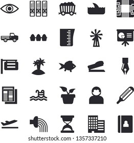 Solid vector icon set - skyscraper flat vector, meashuring cup, fish, egg, windmill, home plant, pickup truck, hose irrigation, motherboard, mining, signboard, news, thermometer, eye, ink pen, pool