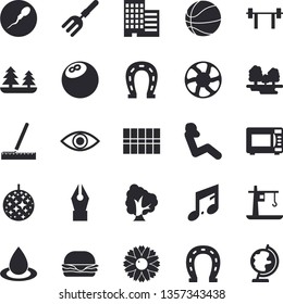 Solid vector icon set - skyscraper flat vector, measure, tile, microwave, hamburger, tree, flower, horseshoe, pitchfork, ventilation, forest, drop, crane, eye, sperm, ink pen, barbell, bowling ball