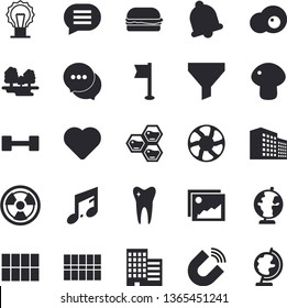 Solid vector icon set - skyscraper flat vector, tile, hamburger, mushroom, scrambled eggs, honeycomb, ventilation, forest, radiation, magnet, funnel, chat, heart, tooth, office building, globe, bell