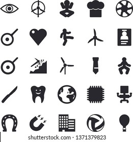 Solid vector icon set - skyscraper flat vector, teflon, cook hat, knives, horseshoe, ventilation, windmill, magnet, mining, heart, eye, tooth, badge, office chair, tie, cpu, volleyball, yoga