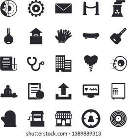 Solid vector icon set - skyscraper flat vector, potholder, well, gloves, store front, target audience, cogwheel, computer diagnostics of health, stethoscope, massage, artificial insemination, diet