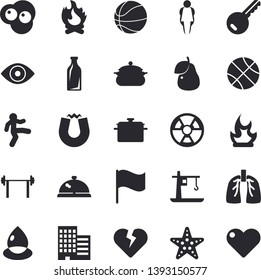Solid vector icon set - skyscraper flat vector, saucepan, scrambled eggs, pear, bonfire, radiation, drop, crane, glass bottles, flag, eye, lungs, magnet, barbell, basketball, gymnastics, size, key