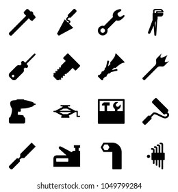 Solid vector icon set - sledgehammer vector, trowel, wrench, plumber, screwdriver, bolt, dowel, wood drill, jack, tool box, paint roller, rasp, stapler, allen key, set