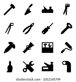 Solid vector icon set - sledgehammer vector, trowel, jointer, plumber, pliers, screwdriver, screw, dowel, tool box, paint roller, brush, wrench, stapler, allen key