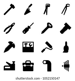 Solid vector icon set - sledgehammer vector, trowel, plumber, pliers, screwdriver, screw, bolt, tool box, paint roller, brush, stapler, allen key, set