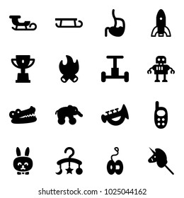 Solid vector icon set - sleigh vector, stomach, rocket, win cup, fire, gyroscope, robot, crocodile, elephant wheel, horn toy, phone, rabbit, baby carousel, yoyo, unicorn stick