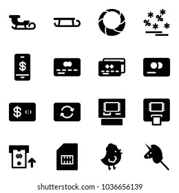 Solid vector icon set - sleigh vector, christmas wreath, sale, mobile payment, credit card, exchange, atm, sim, chicken toy, unicorn stick