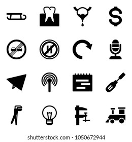 Solid vector icon set - sleigh vector, tooth, bladder, dollar, end overtake limit road sign, no parking even, redo, microphone, paper fly, antenna, terms plan, chisel, plumber, bulb, clamp