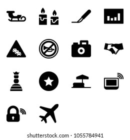 Solid vector icon set - sleigh vector, candle, scalpel, statistics, multi lane traffic road sign, no horn, camera, agreement, chess queen, star medal, inflatable pool, notebook wi fi, wireless lock
