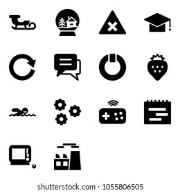 Solid vector icon set - sleigh vector, snowball house, railway intersection road sign, graduate hat, reload, chat, standby, strawberry, swimming, flower, joystick wireless, terms plan, monoblock pc