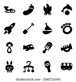 Solid vector icon set - sleigh vector, eggplant, fire, dolphin, rocket, shovel, sailboat toy, beanbag, plane, horn, rabbit, baby carousel, bus