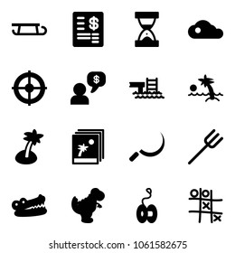 Solid vector icon set - sleigh vector, account statement, sand clock, cloud, target, money dialog, pool, palm, photo, sickle, farm fork, crocodile, dinosaur toy, yoyo, Tic tac toe