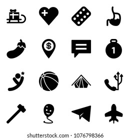 Solid vector icon set - sleigh gift vector, heart, pills blister, stomach, eggplant, dollar pin, chat, gold medal, flying man, ball, tent, phone, sledgehammer, balloon smile, paper plane, toy