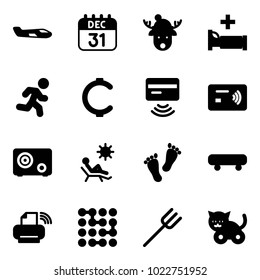 Solid vector icon set - small plane vector, 31 dec calendar, christmas deer hat, hospital bed, run, cent, tap pay, safe, beach, feet, skateboard, printer wireless, circuit, farm fork, toy cat