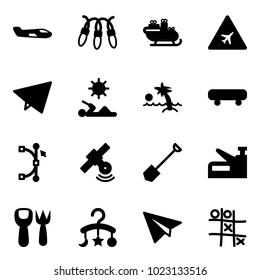 Solid vector icon set - small plane vector, garland, santa sleigh, airport road sign, paper fly, reading, palm, skateboard, bezier, satellite, shovel, stapler, fork toy, baby carousel, Tic tac toe