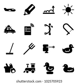 Solid vector icon set - small plane vector, highlight marker, growth, sun, car baggage, server wireless, bezier, fretsaw, rake, farm fork, laser lever, duck toy, shovel bucket, train