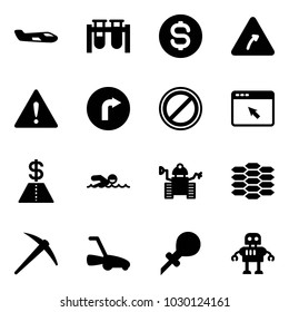 Solid vector icon set - small plane vector, vial, dollar coin, turn right road sign, attention, only, no parking, cursor browser, swimming, robot, carbon, axe, lawn mower, oiler