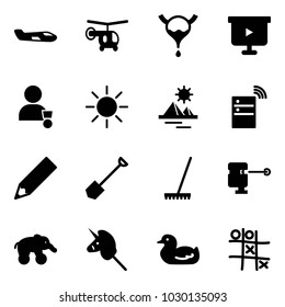 Solid vector icon set - small plane vector, helicopter, bladder, presentation board, winner, sun, pyramid, server wireless, pencil, shovel, rake, laser lever, elephant wheel, toy unicorn stick, duck