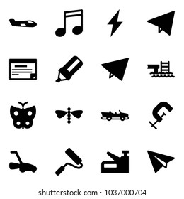 Solid vector icon set - small plane vector, music, lightning, paper fly, schedule, highlight marker, pool, butterfly, dragonfly, cabrio, clamp, lawn mower, paint roller, stapler