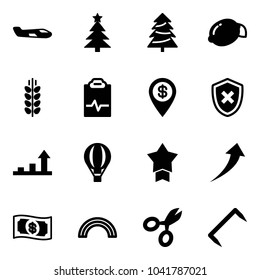 Solid vector icon set - small plane vector, christmas tree, lemon, spica, pulse clipboard, dollar pin, shield cross, growth arrow, air balloon, star medal, money, rainbow, scissors, staple