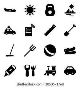 Solid vector icon set - small plane vector, sun, weight, pyramid, car baggage, server wireless, ruler, shovel, rake, farm fork, ball, crocodile, marker, toy, train