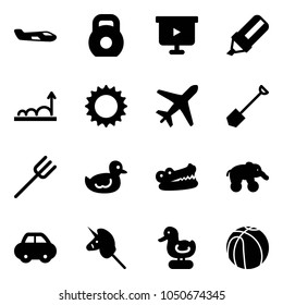 Solid vector icon set - small plane vector, weight, presentation board, highlight marker, growth, sun, shovel, farm fork, duck toy, crocodile, elephant wheel, car, unicorn stick, basketball