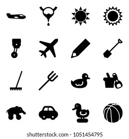 Solid vector icon set - small plane vector, bladder, sun, piston, pencil, shovel, rake, farm fork, duck toy, bucket, elephant wheel, car, basketball