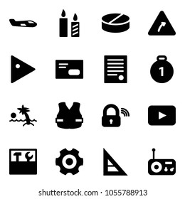 Solid vector icon set - small plane vector, candle, pill, turn right road sign, play, envelope, agreement, gold medal, palm, life vest, wireless lock, playback, tool box, gear, corner ruler, radio