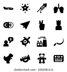 Solid vector icon set - small plane vector, christmas star, firework rocket, lungs, euro dollar, paper, victory, king, money dialog, sea turtle, plant, sickle, dinosaur toy, horn, bear, piano