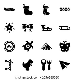 Solid vector icon set - small plane vector, christmas sock, garland, star, bow, sleigh, no bike road sign, sea turtle, tent, butterfly, bezier, dinosaur toy, shovel fork, paper