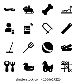 Solid vector icon set - small plane vector, santa sleigh, broken bone, growth, winner, server wireless, fretsaw, ruler, rake, farm fork, ball, crocodile, shovel toy, duck, Tic tac toe