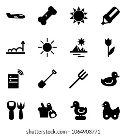 Solid vector icon set - small plane vector, broken bone, sun, highlight marker, growth, pyramid, tulip, server wireless, shovel, farm fork, duck toy, bucket