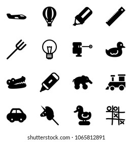 Solid vector icon set - small plane vector, air balloon, highlight marker, ruler, farm fork, bulb, laser lever, duck toy, crocodile, elephant wheel, train, car, unicorn stick, Tic tac toe