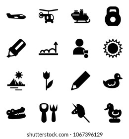 Solid vector icon set - small plane vector, helicopter, santa sleigh, weight, highlight marker, growth, winner, sun, pyramid, tulip, pencil, duck toy, crocodile, shovel fork, unicorn stick