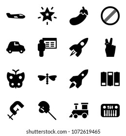 Solid vector icon set - small plane vector, christmas star, eggplant, no limit road sign, car, presentation, rocket, victory, butterfly, dragonfly, battery, clamp, horse stick toy, train, piano