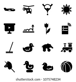 Solid vector icon set - small plane vector, helicopter, bladder, sun, presentation board, growth, tulip, server wireless, rake, duck toy, elephant wheel, train, unicorn stick, basketball