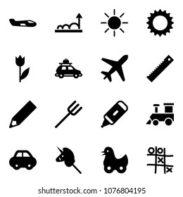 Solid vector icon set - small plane vector, growth, sun, tulip, car baggage, ruler, pencil, farm fork, marker, toy train, unicorn stick, duck, Tic tac toe