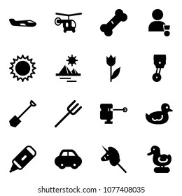 Solid vector icon set - small plane vector, helicopter, broken bone, winner, sun, pyramid, tulip, piston, shovel, farm fork, laser lever, duck toy, marker, car, unicorn stick