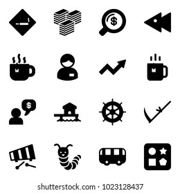 Solid vector icon set - smoking area sign vector, big cash, money search, fast backward, hot tea, manager, growth arrow, green, dialog, bungalow, hand wheel, scythe, xylophone, toy caterpillar, bus