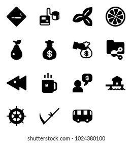 Solid vector icon set - smoking area sign vector, tonometer, three leafs, lemon slice, pear, money bag, encashment, shared folder, fast backward, green tea, dialog, bungalow, hand wheel, scythe