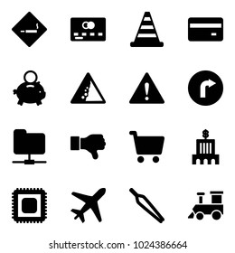 Solid vector icon set - smoking area sign vector, credit card, road cone, piggy bank, landslide, attention, only right, network folder, dislike, cart, building, cpu, plane, forceps, toy train